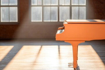Poster - elegant grand piano sitting in empty room with wooden floors and large bathed in soft sunlight