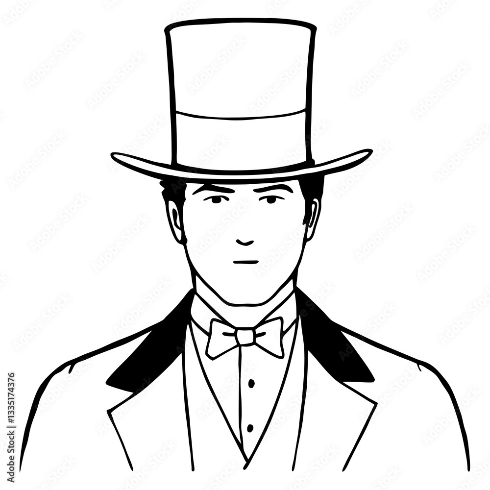 a gentleman in formal attire, wearing a top hat and bow tie. The ...