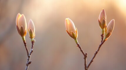 Poster - magnolia buds in their early stages backlit by warm afternoon sunlight emphasizing textures and details
