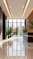 Poster - Modern office design urban workspace interior photography bright atmosphere frontal view harmony in neutral palette