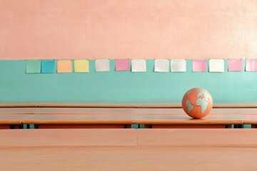 Poster - minimalistic classroom scene with empty desks and colorful posters on walls providing ample copy space