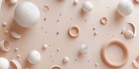 Aufkleber - 3D Render of Abstract Spheres and Torus Shapes on Pale Pink Background