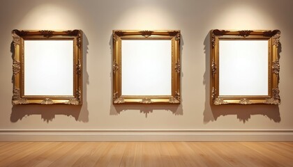 Aufkleber - Three antique golden frames hang on wall in art gallery, auction house or museum. Blank empty white canvas inside frames for mockup design, concept artwork exhibition.