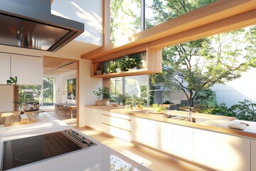 Aufkleber - Eco-friendly minimalist kitchen design serene natural setting interior photography soft light atmosphere clean lines concept