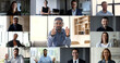 © fizkes - Group of young confident businesspeople listen team leader make speech, take part in videocall, training or negotiations, head shot portrait, collage view. Global communication use videoconference app