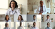 © fizkes - Videos collage view group of young and mature multiethnic physicians negotiating, share ideas and opinions about patient treatment take part in teleconference with colleagues. On-line medical council