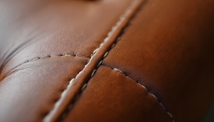 Aufkleber - Close-up on brown leather detailed stitching, emphasizing great craftsmanship in upholstery. Leather texture presents quality material, handmade fashion. Ideal for furniture, automotive interiors,