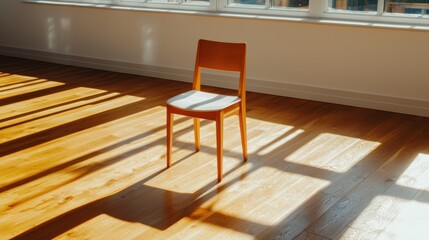 Poster - Emptiness emphasized a lone chair bathed in soft sunlight indoor setting realistic viewpoint