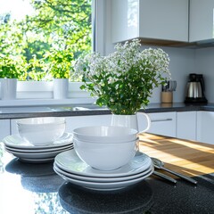 Poster - Sustainable ecofriendly ceramic dinnerware in a bright kitchen natural daylight eye-level shot highlighting sustainability