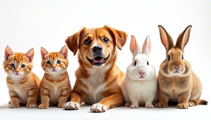 row of pets, two ginger kittens, brown dog, white, brown rabbits. isolated on white background. stud