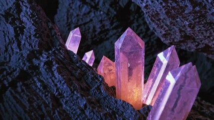 Poster - Glowing purple crystals in dark cave environment, mystical geology concept