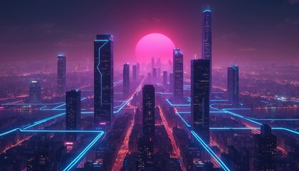 Poster - Neon-lit cityscape tech interconnectedness. Futuristic metropolis with network of blue glowing lines linking modern buildings. Pink sunset sky. Concept of future digital global communication, smart
