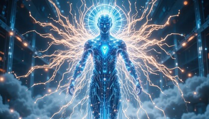 Poster - Futuristic Human Figure with Electric Energy and Digital Patterns
