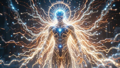 Poster - Ethereal Human Figure Surrounded by Radiant Energy and Light Effects
