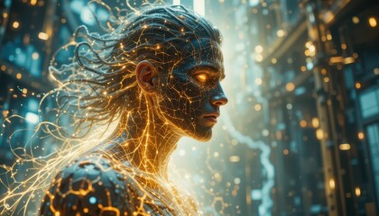 Poster - Futuristic Human with Glowing Circuit Patterns in Cybernetic Environment