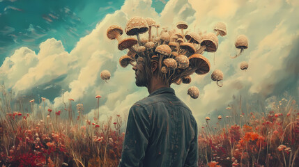 Wall Mural - Surreal painting of a man with mushrooms growing from his head in a field. Spore Clouds. Illustration