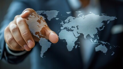 Poster - Businessman pointing digital world map representing global business and technology