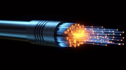 Poster - Fiber optic cable transmitting glowing data on black background