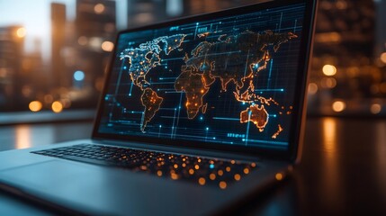 Aufkleber - Laptop showing global network and data exchange in futuristic cityscape