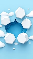 Aufkleber - Geometric Paper Cutout Design with Clouds and Polygon Shapes in Light Blue Shades