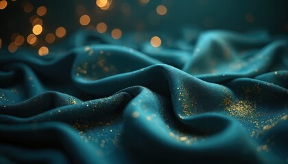 Poster - Close-up shiny wavy blue fabric with blurred golden bokeh lights. Silk cloth texture with smooth gradient, elegant gold glitter for modern fashion decor, luxurious design.
