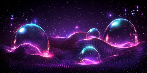 Aufkleber - Surreal Cosmic Landscape with Glowing Spheres and Starry Sky Backdrop