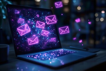 Poster - Laptop showing hologram envelopes floating from screen in dark room
