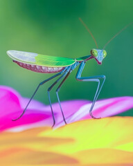 Poster - Colorful Lotus Mantis Perched Delicately on Vibrant Flower Petals in a Lush Garden