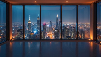 Poster - Empty room in skyscraper with night city view. Modern apartment interior, clean design. Residential loft space with panoramic windows, concrete floor. Real estate opportunity in high-rise building