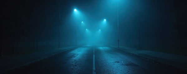 Aufkleber - Dark blue foggy street at night with cyan light from lanterns. Wet asphalt texture and light reflections. Moody cinematic scene with abstract neon lights. Empty urban road during hazy weather.