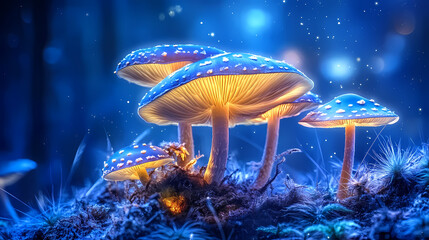 Wall Mural - a captivating image of glowing mushrooms in a mystical forest at night, illuminating the dark with t