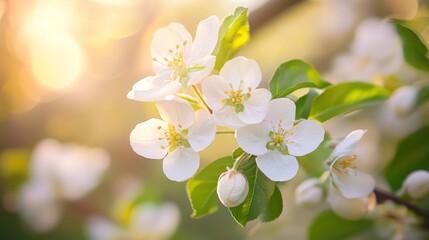 Spring blossoms on tree branch in warm sunlight for nature design