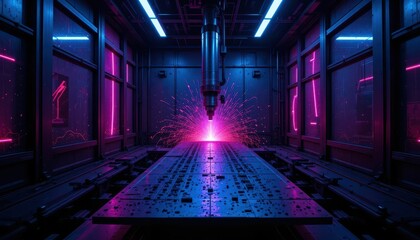 Poster - High-Tech Laser Cutting Machine in Neon Glow with Sparks Flying