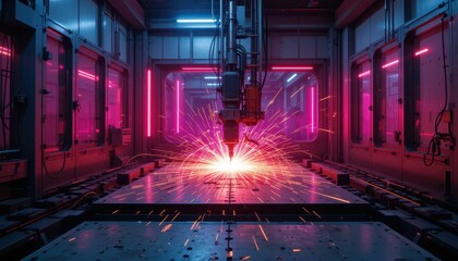 Poster - Industrial Laser Cutting Machine Producing Sparks in Factory Setting
