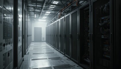 Poster - Modern Data Center Interior with Server Racks and Ambient Lighting