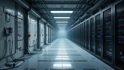 Poster - Modern Server Room Interior with Rows of Equipment and Cables