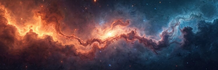 Aufkleber - Fantastic bright space nebula with orange, blue cosmic clouds. Starry universes, galaxies on dark background. Sci-fi wallpaper with cosmos, magic, starlight, outer decor. Ideal for print decoration