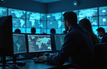 Poster - Cybersecurity team works at operations center. People monitor network traffic on computers in modern office. professionals ensure digital safety, data protection, vigilance. Concept of teamwork,