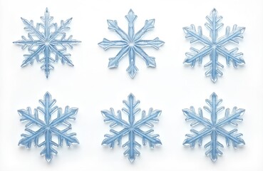 Poster - set of six light blue snowflakes isolated on white. macro photo of real snow crystals, complex shape