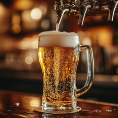 Leinwandbilder - Refreshing Craft Beer: A Glass Mug Filled with Frothy Delight at a Classic Pub Setting