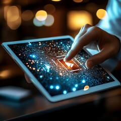 Leinwandbilder - Touch the Future: Engaging with Digital Content on a Sleek Tablet Display, Featuring a Play Button and Starry Background.