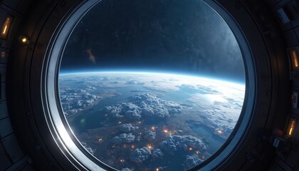 Aufkleber - Earth view from spaceship window planet, clouds, starry night sky. City lights glow beneath cloudscape horizon. Illustrates space exploration, travel, future, science, astronaut mission concept.