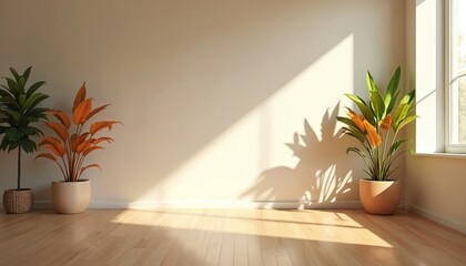 Aufkleber - Empty living room interior in beige colors with two plants in pots. Sunlight from window creates light and shadow. Wooden floor. Light, calm atmosphere for design concept mock-up.