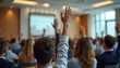 © miss irine - Audience raising hands during corporate training session, interactive business seminar in conference room. Participants actively engage in discussion, ask questions, seek clarification from speaker,