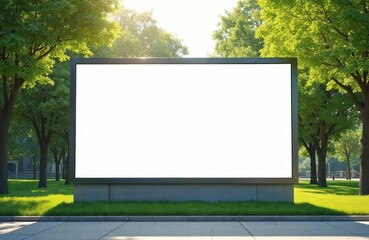 Poster - Billboard with blank white screen in city park, surrounded by green trees, grass. Empty advertising banner offers space for commercial advertisement marketing promotion in natural sunny environment.