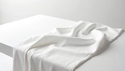 Aufkleber - Close-up of draped white fabric lying on table. Clean elegant design. Soft textile material, cotton linen, lies smooth with gentle folds on neutral background. Minimalist style for template decor