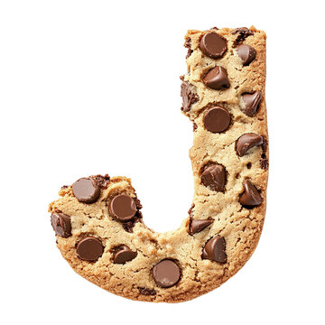 Letter J made of cookies and chocolate chip on transparent background. clipping path, png.