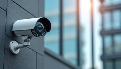 Fototapete - Close-up security camera mounted on modern building wall. Surveillance system protects business, property. CCTV technology provides safety, prevents crime, monitors activity. Security concept with