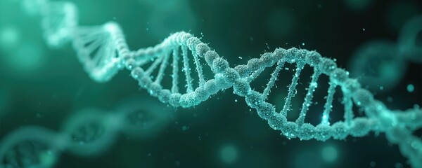 Aufkleber - DNA molecule structure in turquoise color. Medical science research of genetic biotechnology in human genome cell. Science lab experiments analysis, genetic engineering study. Double helix strand,