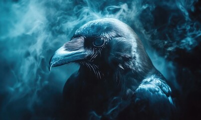 A black crow is staring at the camera with its beak open